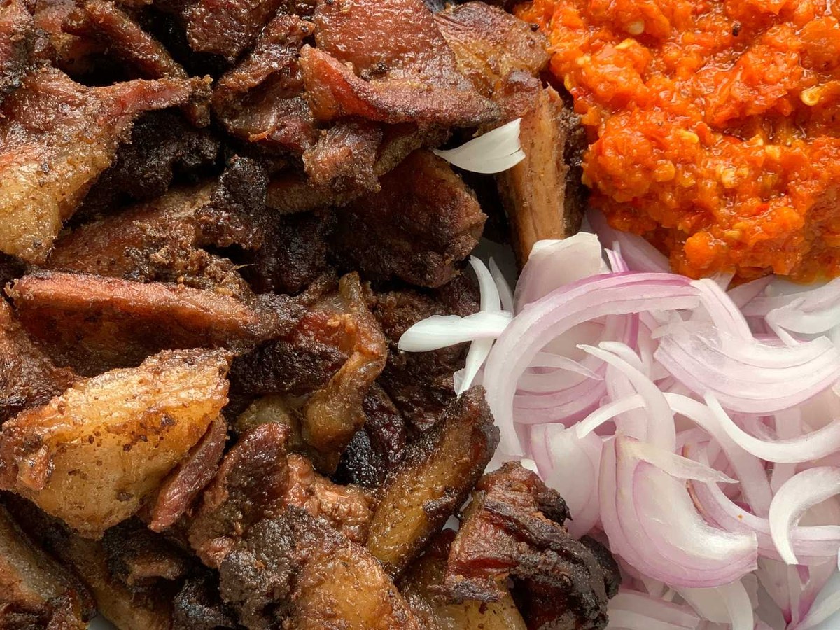 Grilled turkey, asun, suya skewers and roasted corn